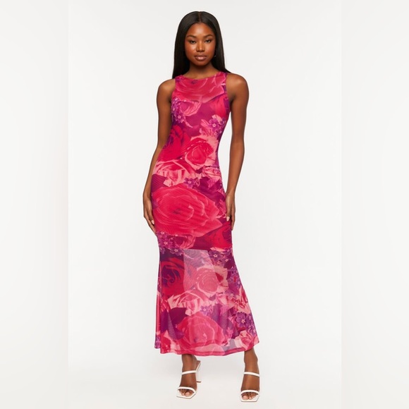 Sheer Mesh Dress Floral Embroidered Maxi Dress Forever 21 Lace-Trim Satin Floral  Maxi Dress Size: